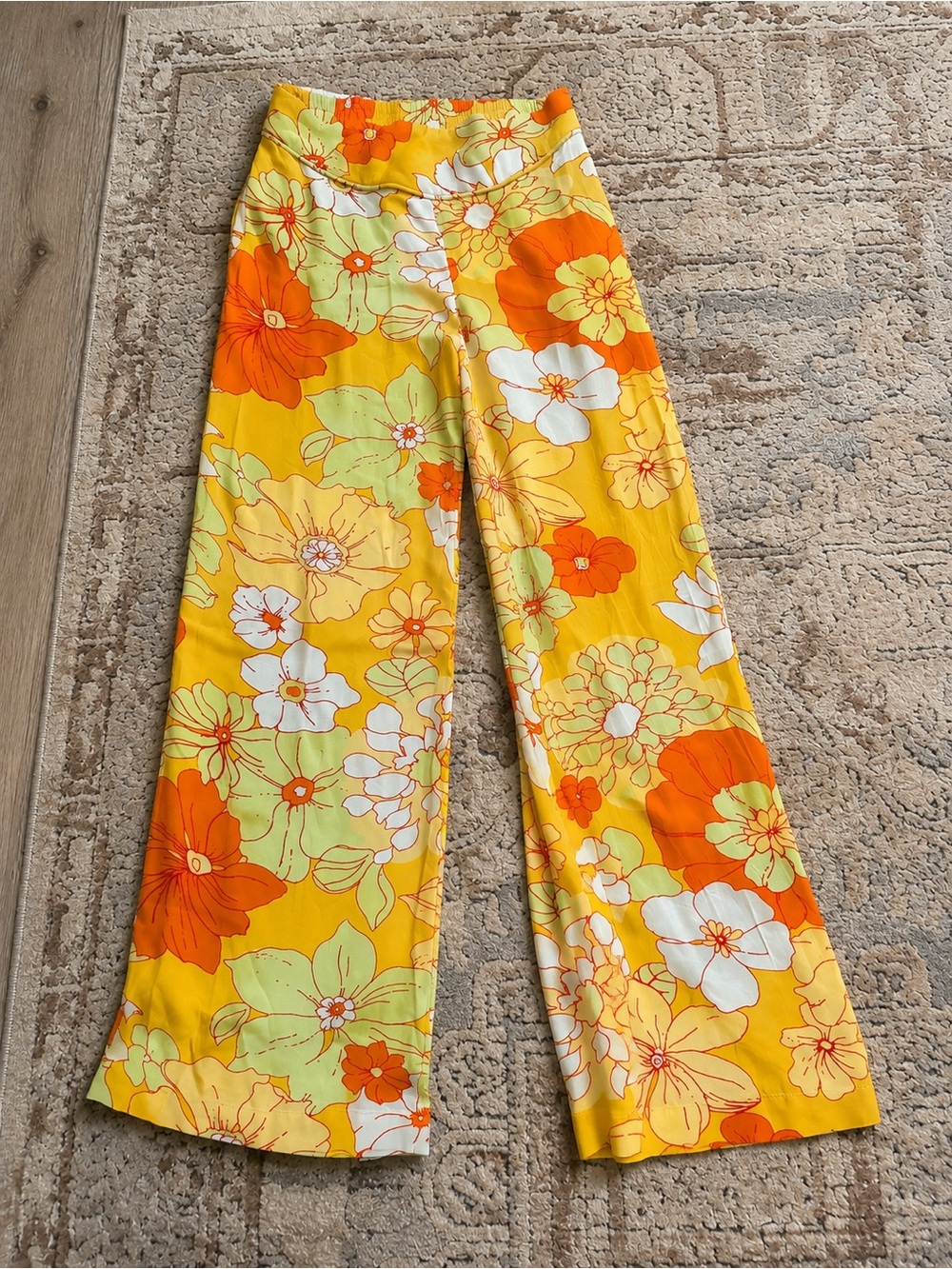 ModCloth Womens M Yellow Floral Palazzo Pants Wide Leg Retro 70s Boh